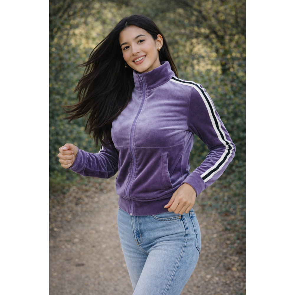 Norma Kamali Women's Purple Velour Side Stripe Turtle Jacket Size XS